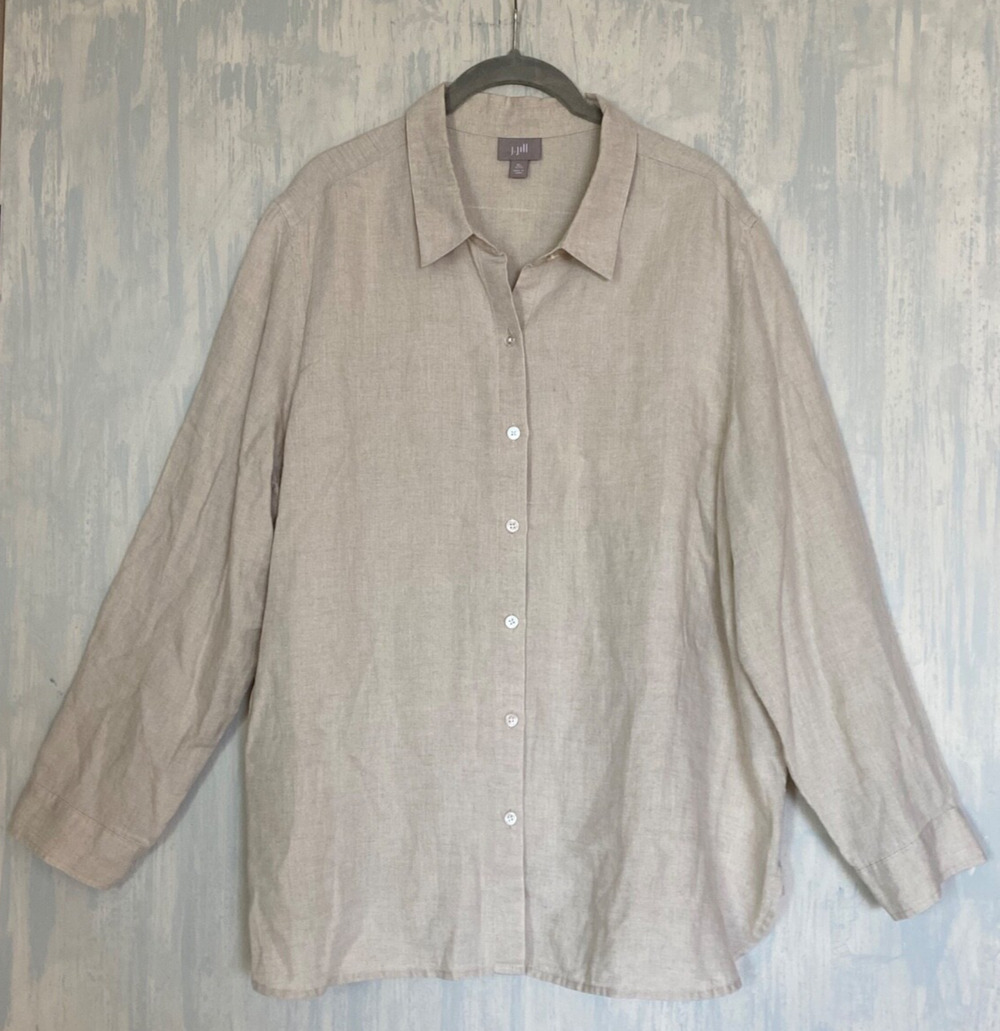 J. JILL 100% Woven Linen Coastal Grandma Relaxed Shirt XL Petite Off White Stone